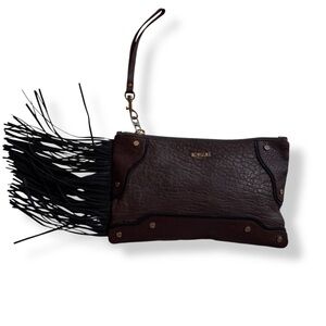Mz Wallace Brown Black Clutch Bag with Fringe western style purse suede leather
